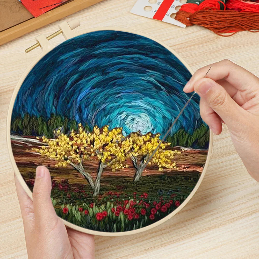 DIY Flower Embroidery Starter Kit with Landscape Pattern Cloth Color Threads Tools With Hoop