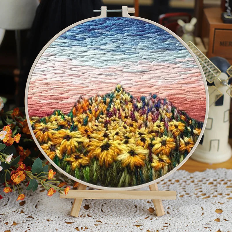 DIY Flower Embroidery Starter Kit with Landscape Pattern Cloth Color Threads Tools With Hoop