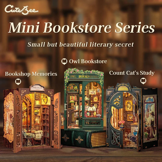 CUTEBEE DIY Book Nook Bookshop Kit/ Miniature Wooden Dollhouse with Light/ Bookshelf Insert 3D Puzzle Owl Bookstore