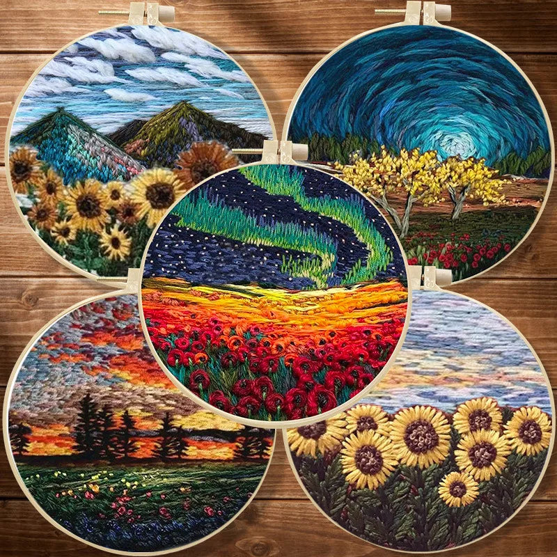 DIY Flower Embroidery Starter Kit with Landscape Pattern Cloth Color Threads Tools With Hoop