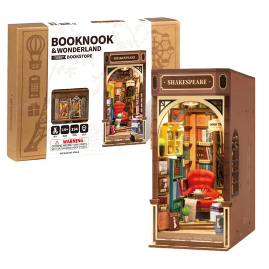 Robotime Rolife Bookstore Book Nook/ Bookend Model Kit with LED Light/ DIY Miniature House Kit for Bookshelf