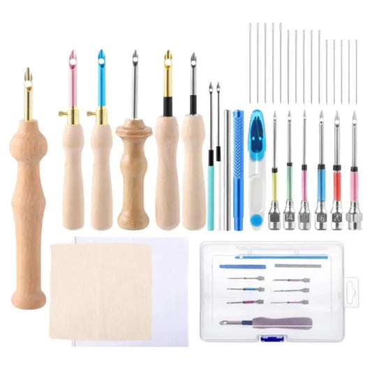 Embroidery Punch Needle Set, Wooden Handle Complete Punch Needle Hooking Tool, Adjustable For Beginner