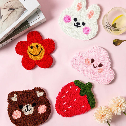 Embroidery Punch Needle Coaster Set/ Cloud /Bunny/ Bear/ Flower/ Strawberry