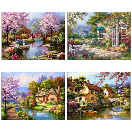 Landscape Cross Stitch Kits/ Houses/ Cherry Tree/ Embroidery Set/Printed Canvas